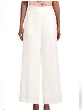 T Tahari Wide-Leg White Linen Blend Lined Pants with Pockets Size Large